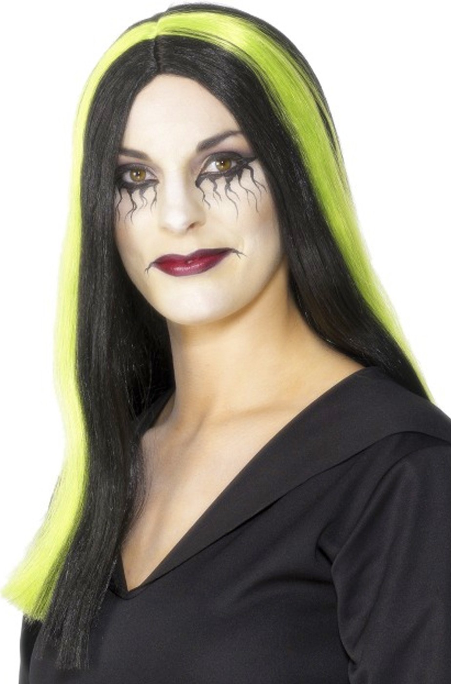 Parrucca donna nera e verde lunga strega
