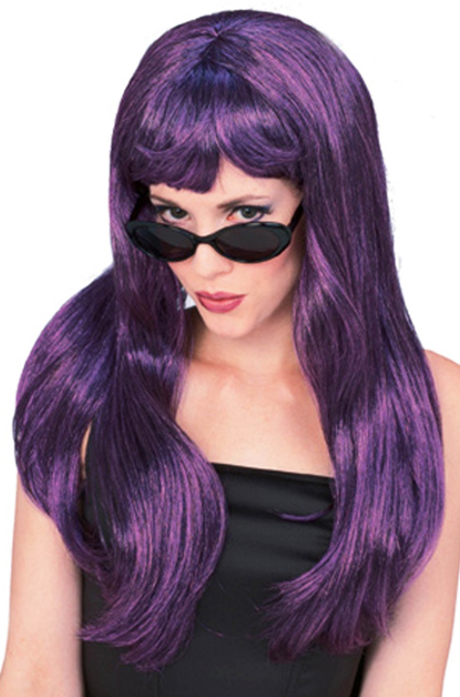 Parrucca donna viola/nera lunga liscia con frangia