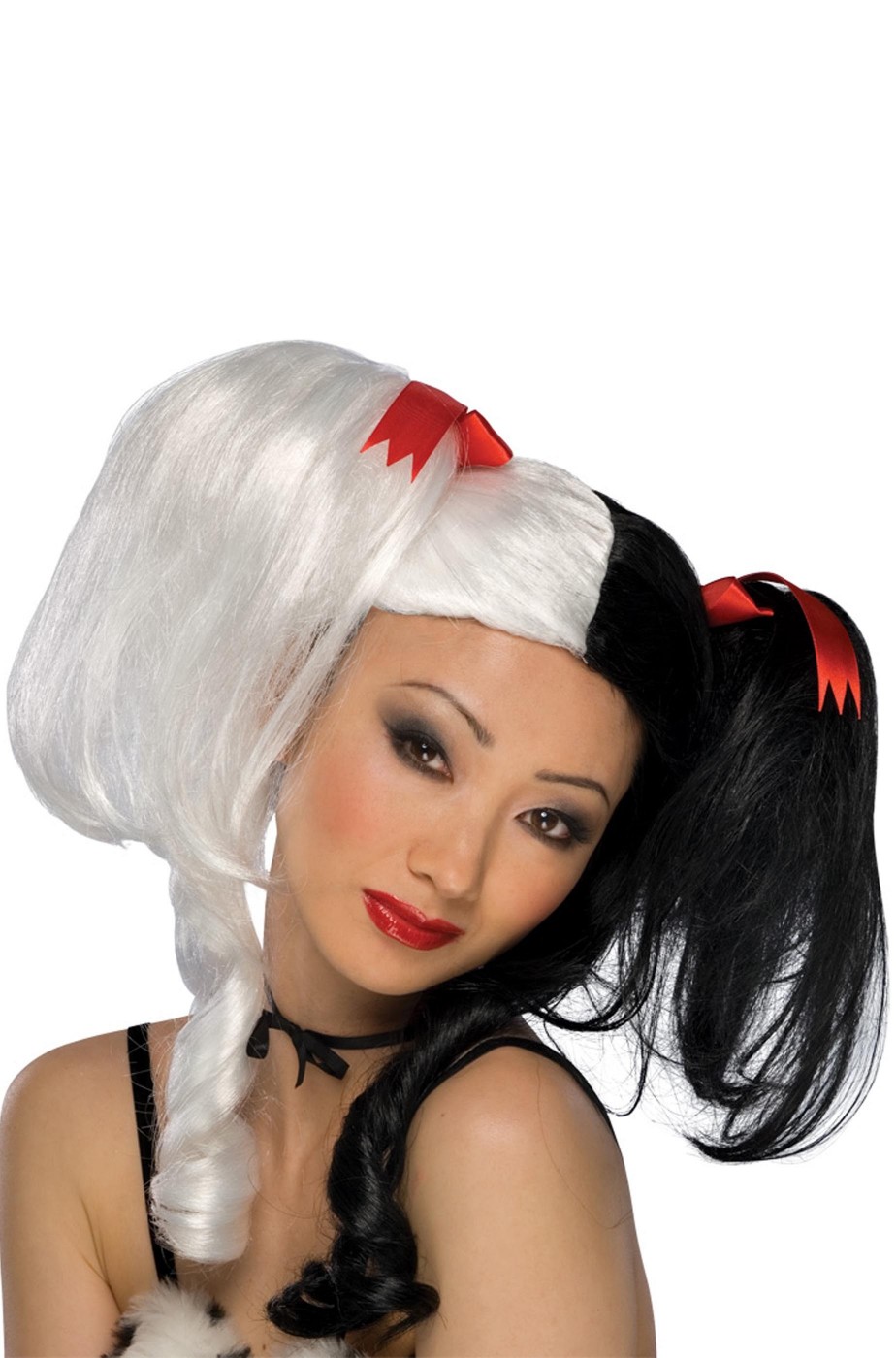 Parrucca donna nera e bianca lunga con codini