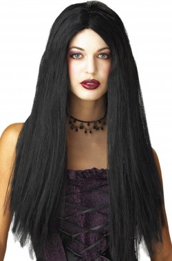 Parrucca donna nera lunga senza frangia, Morticia 61cm