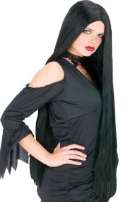 Parrucca donna nera lunga senza frangia, Morticia 91cm