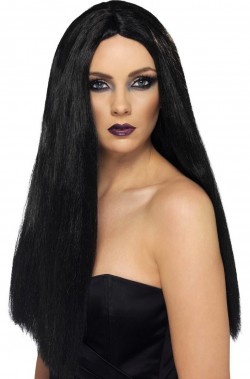 Parrucca donna lunga liscia nera perfetta per Morticia  