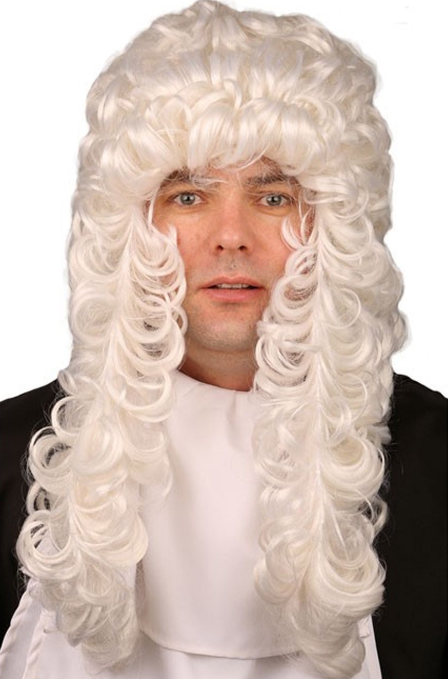 Parrucca bianca lunga da giudice storico inglese o americano riccia