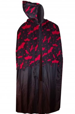 Mantello da adulto con cappuccio nero con pipistrelli rossi