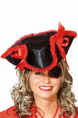 Cappello da Pirata cavaliere del 700 a tricorno Rosso e Nero Con Occhiello e Paillettes