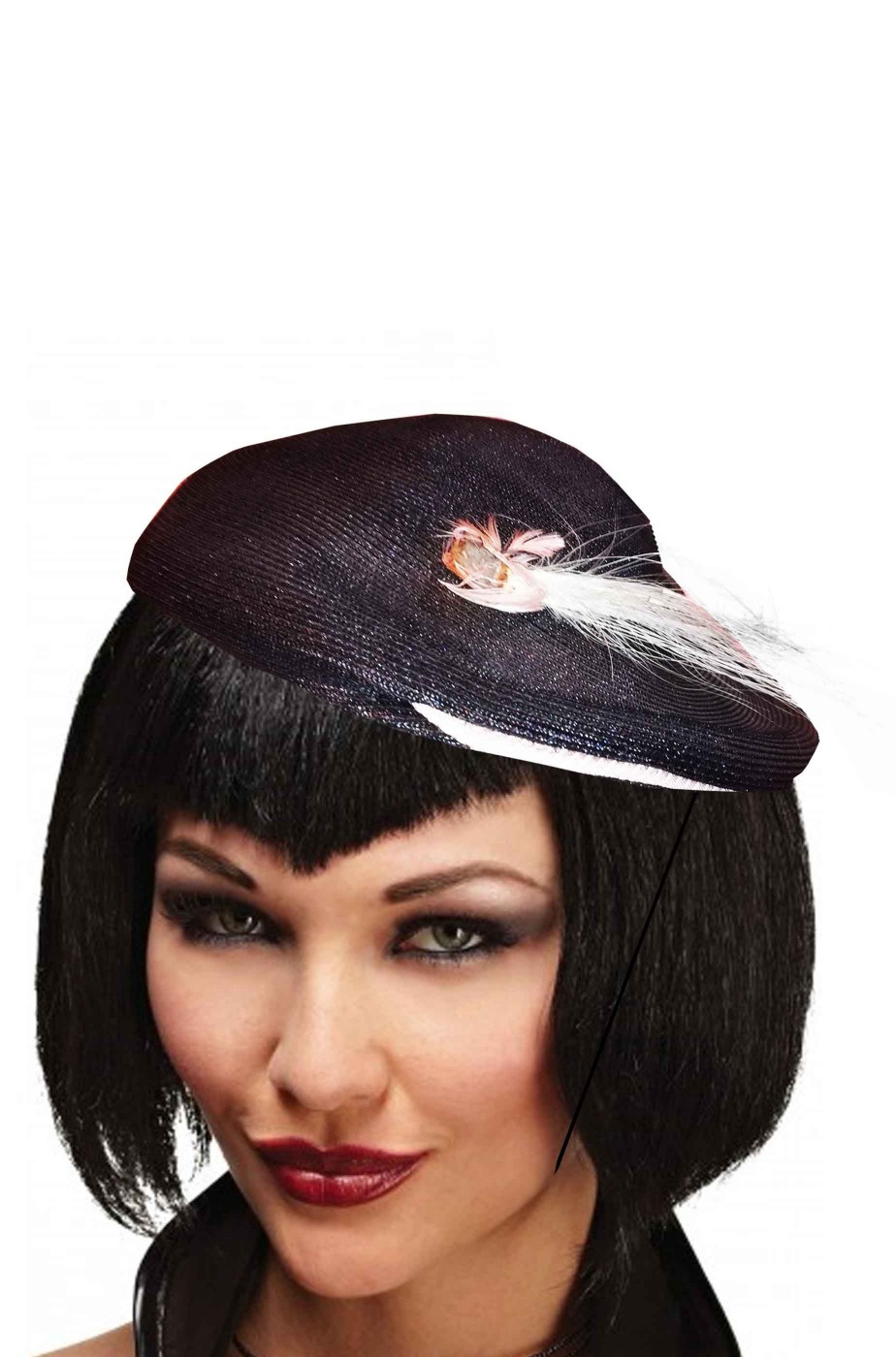 Cappello donna anni 20 nero con piuma con sottogola
