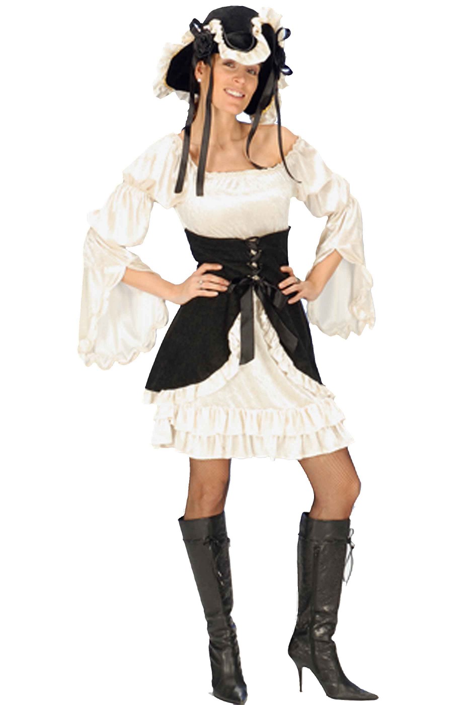 Costume da piratessa bianca e nera con corpetto
