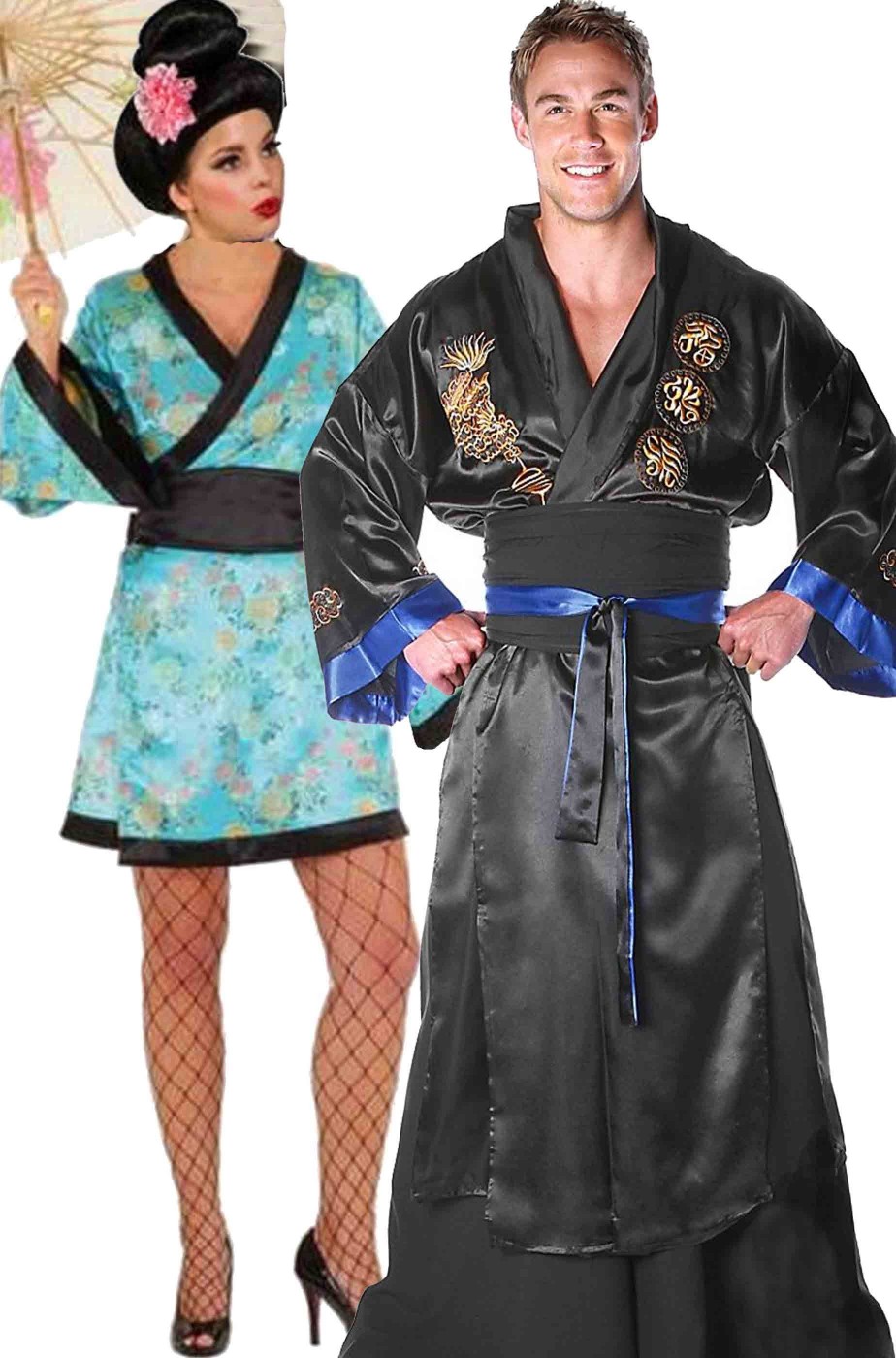 Coppia di costumi di carnevale adulto samurai e geisha giapponesi