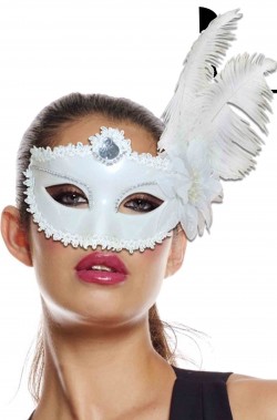 Maschera carnevale stile veneziano in pizzo e piume bianca 