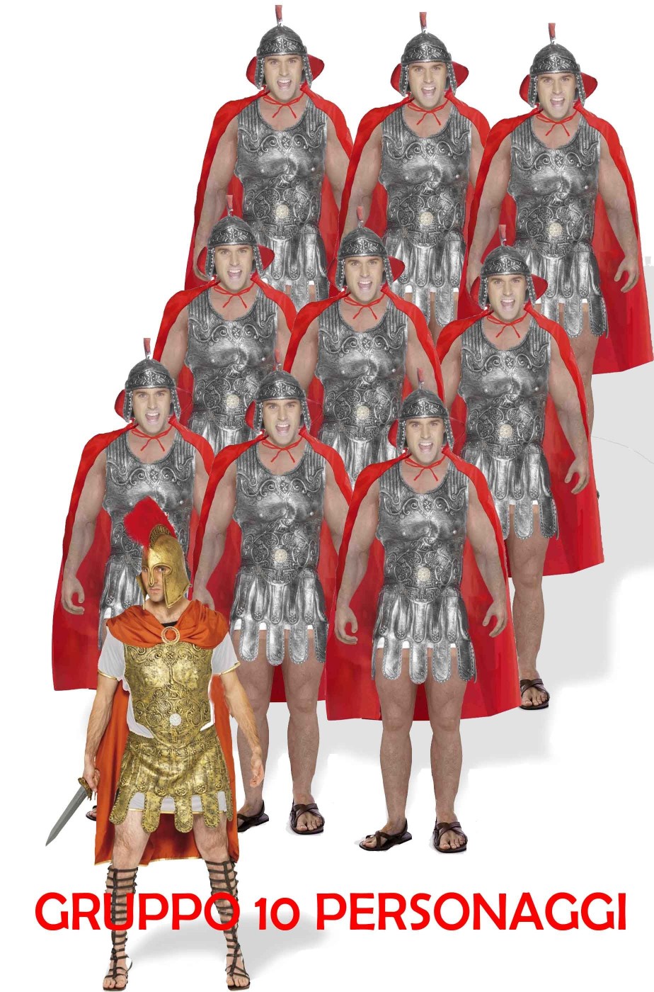 Gruppo di vestiti da soldati antichi romani con centurione armature in lattice