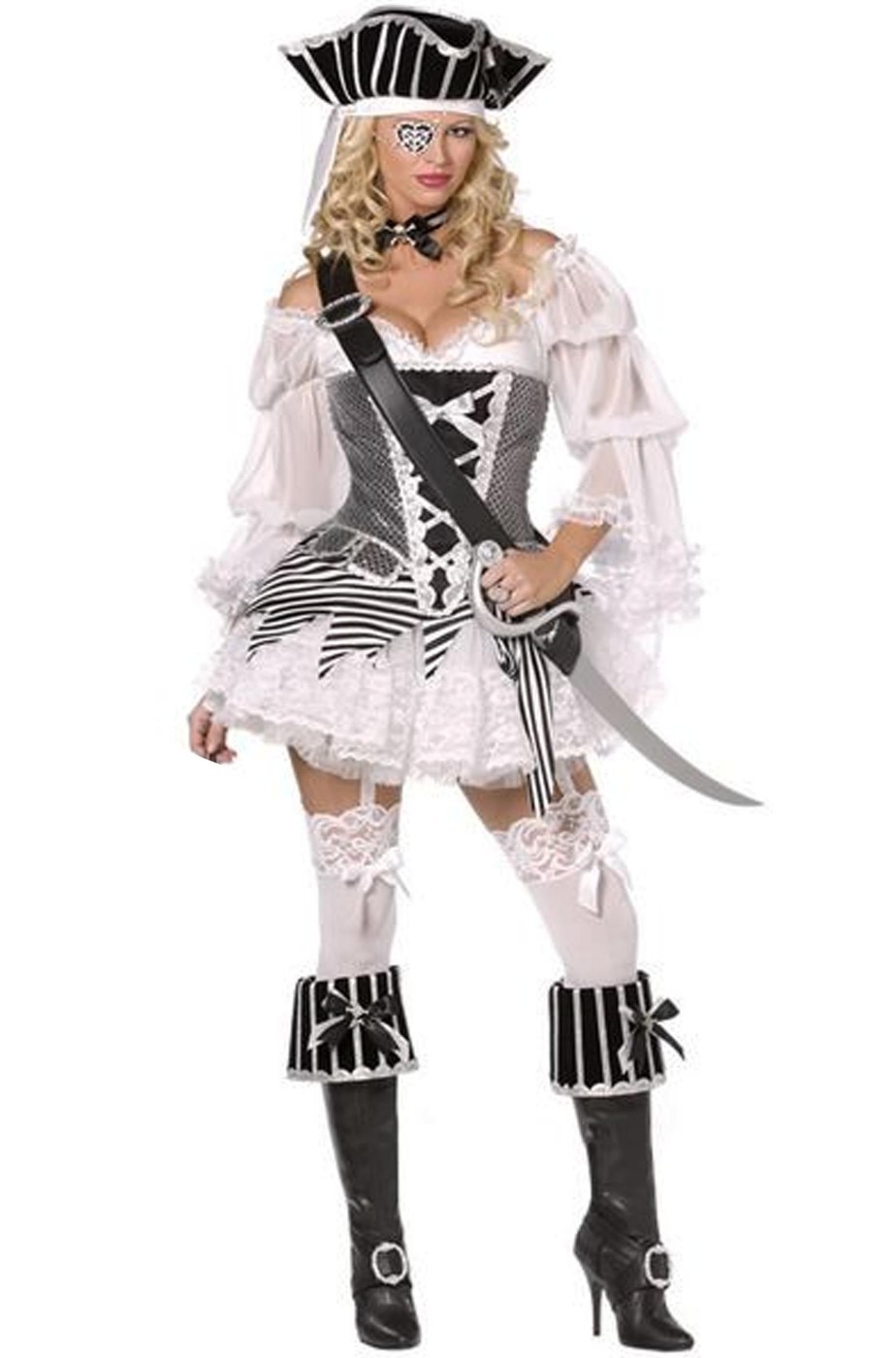 Costume donna piratessa corsara adulta bijoux bianca e nera COMPLETA