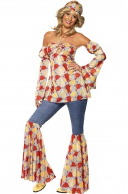 Costume donna anni 70 a pois con pantalone jeans a zampa