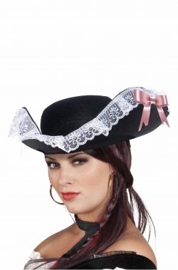 Cappello da Pirata donna nero con fiocco rosa e pizzo bianco