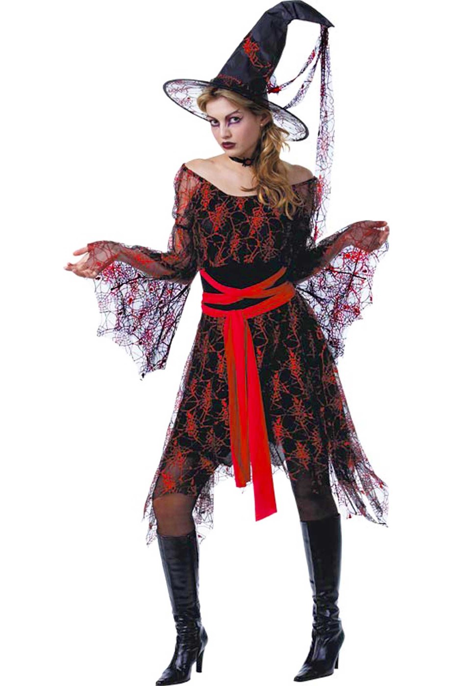 Costume da strega bellissima mille veli rosso e nero donna adulta