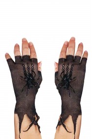 Guanti neri di rete senza dita da donna corti con ragno
