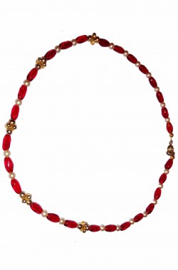 Collana rossa con perle finte bianche e rosse