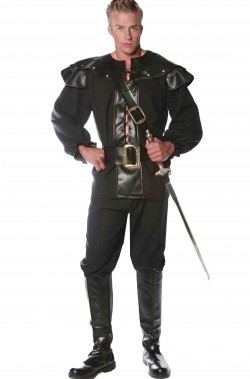 Costume cavaliere nero medievale con paraspalle e gorgiera