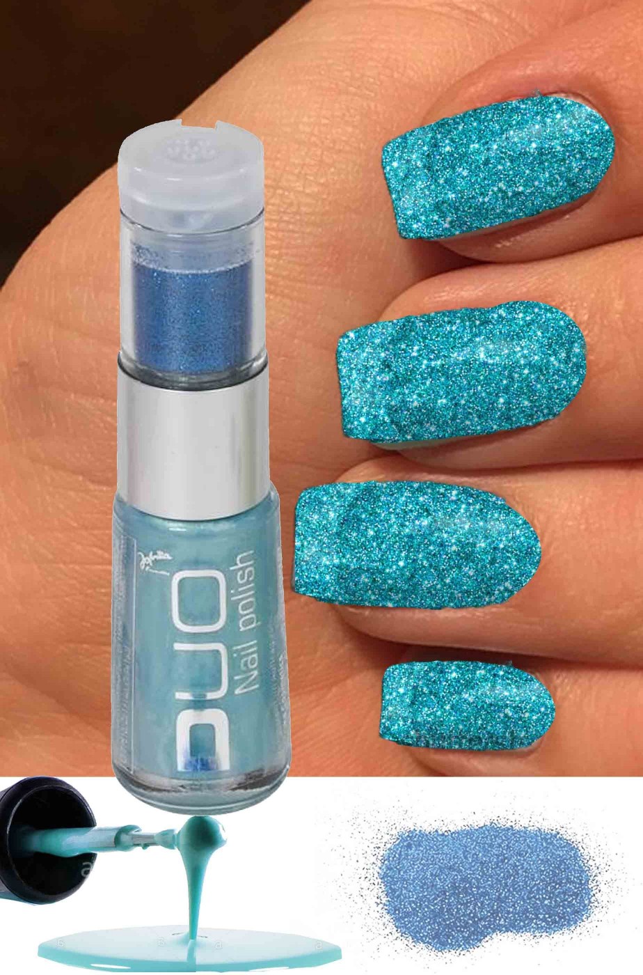 Smalto per unghie con brillantini azzurro duo con polvere glitter