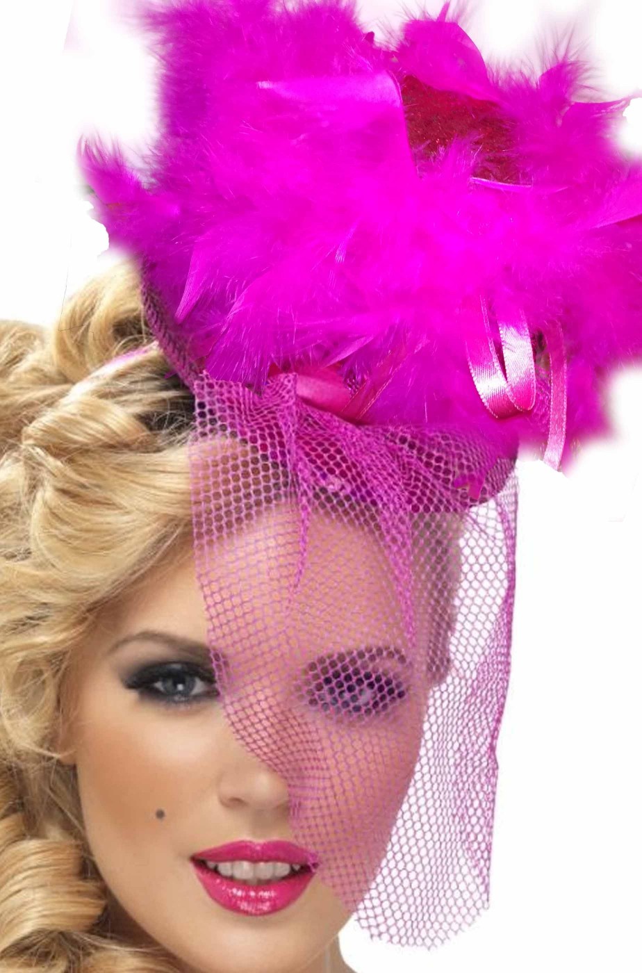 Cappello burlesque in paillette rosa con nuvola di piume di struzzo