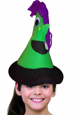 Cappello da strega o befana verde con occhi e nasone