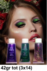 Brillantini per trucco in gel pacchetto fata tre colori viola, verde, arcobaleno