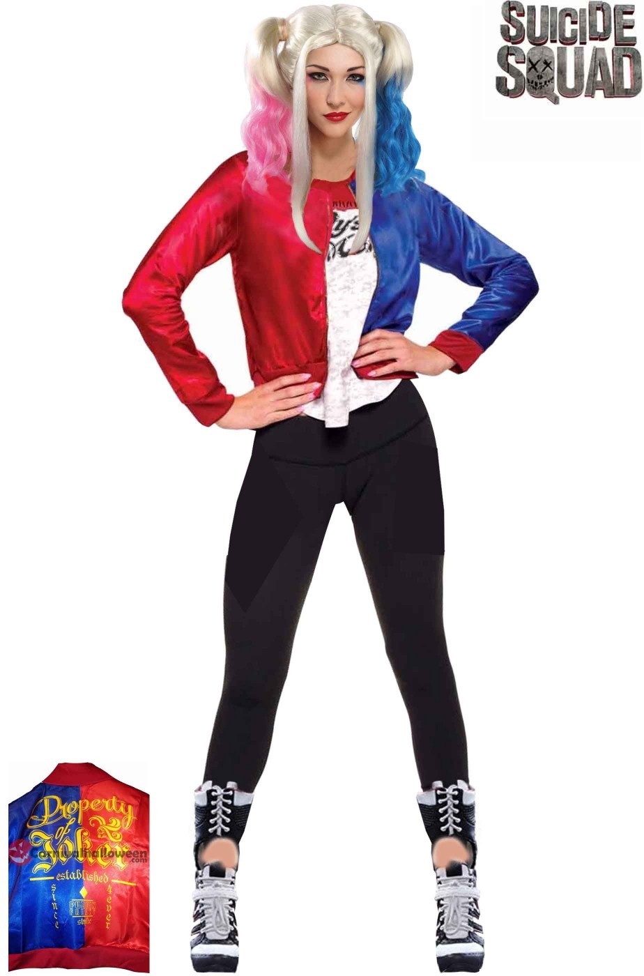 Giacca rossa e blu e T Shirt Harley Quinn Margot Robbie Suicide Squad