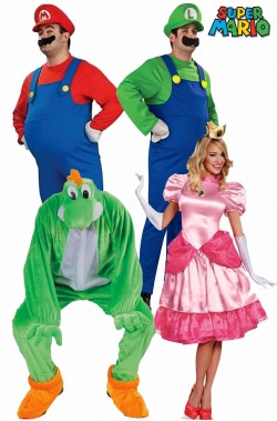Gruppo costumi di carnevale Super Mario Bros quattro personaggi
