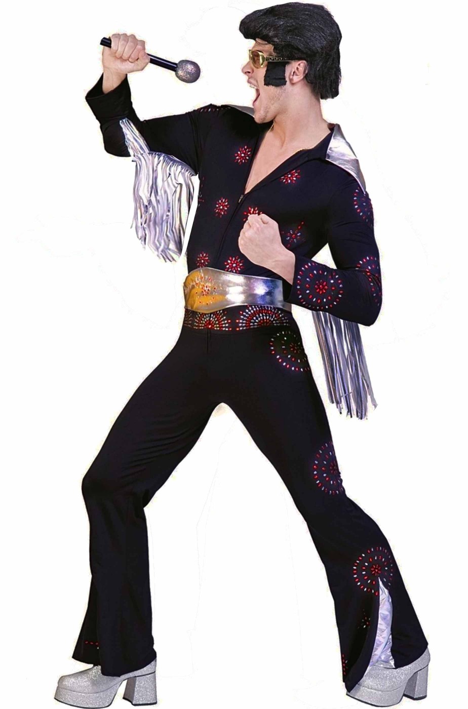 Costume di carnevale Elvis Presley Adulto The King nero con pietre in rilievo