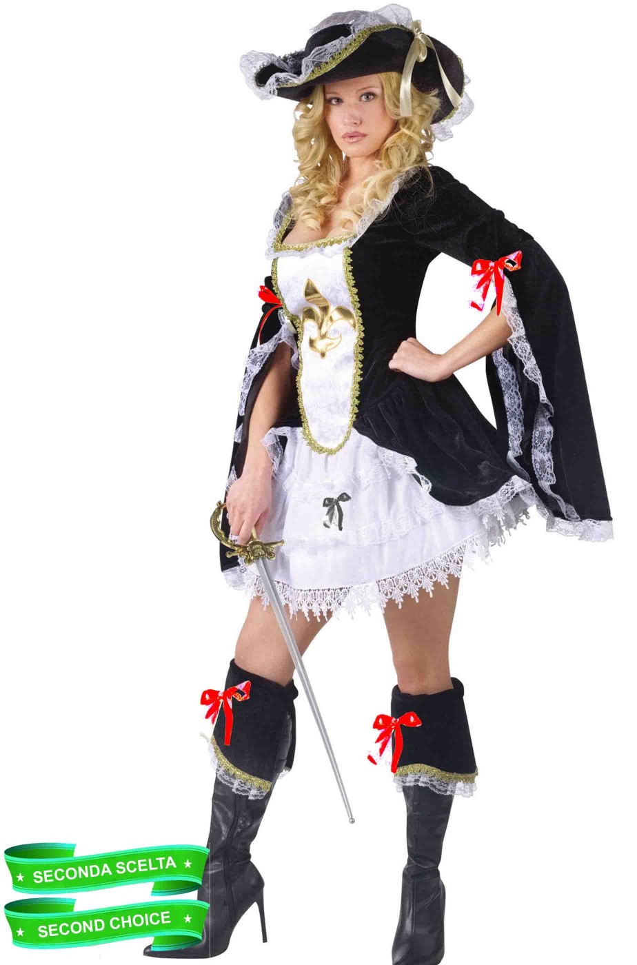 Costume donna moschettiera pirata dei caraibi con fiocchi