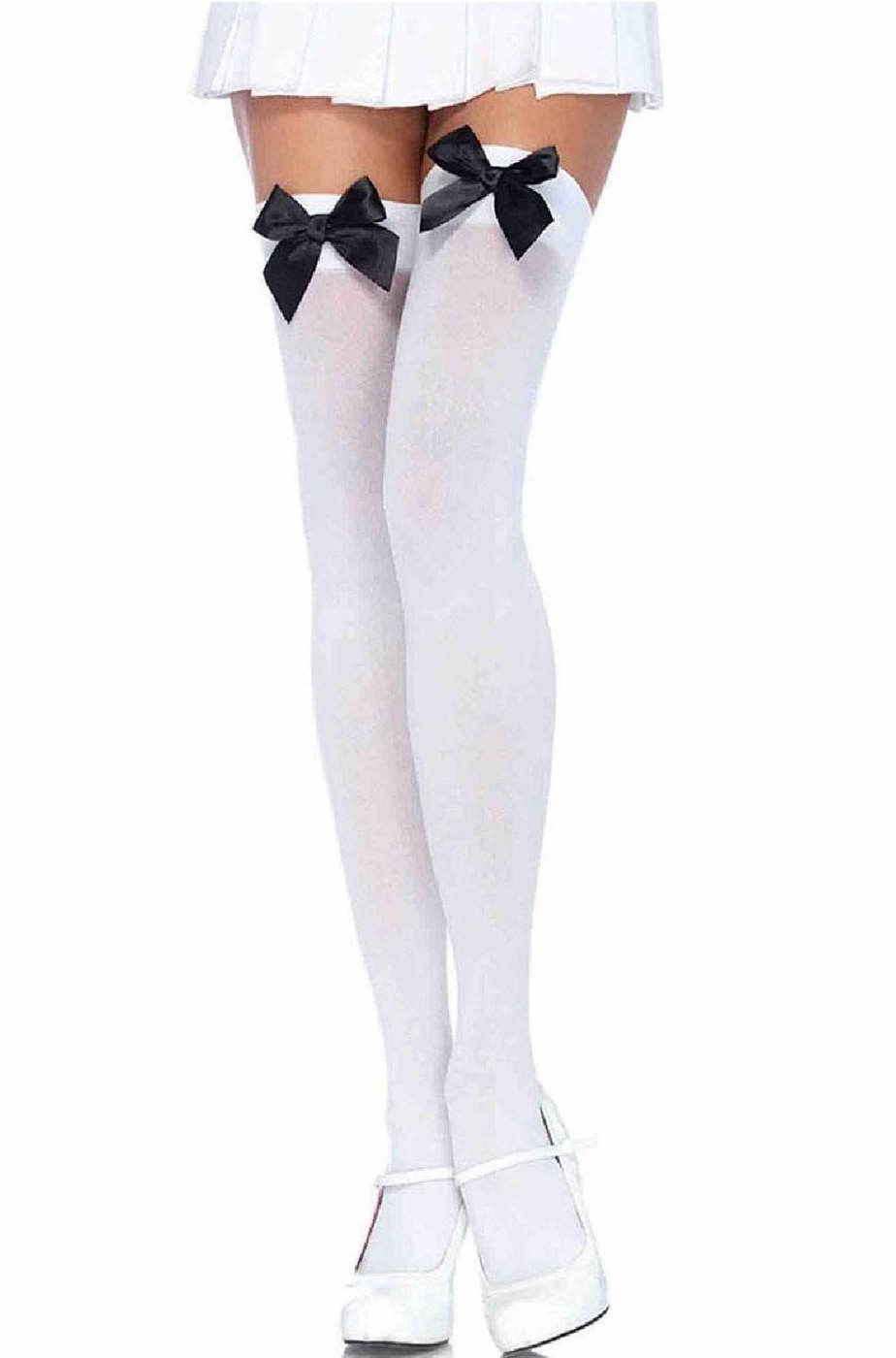 Calze da donna autoreggenti bianche con fiocco nero 