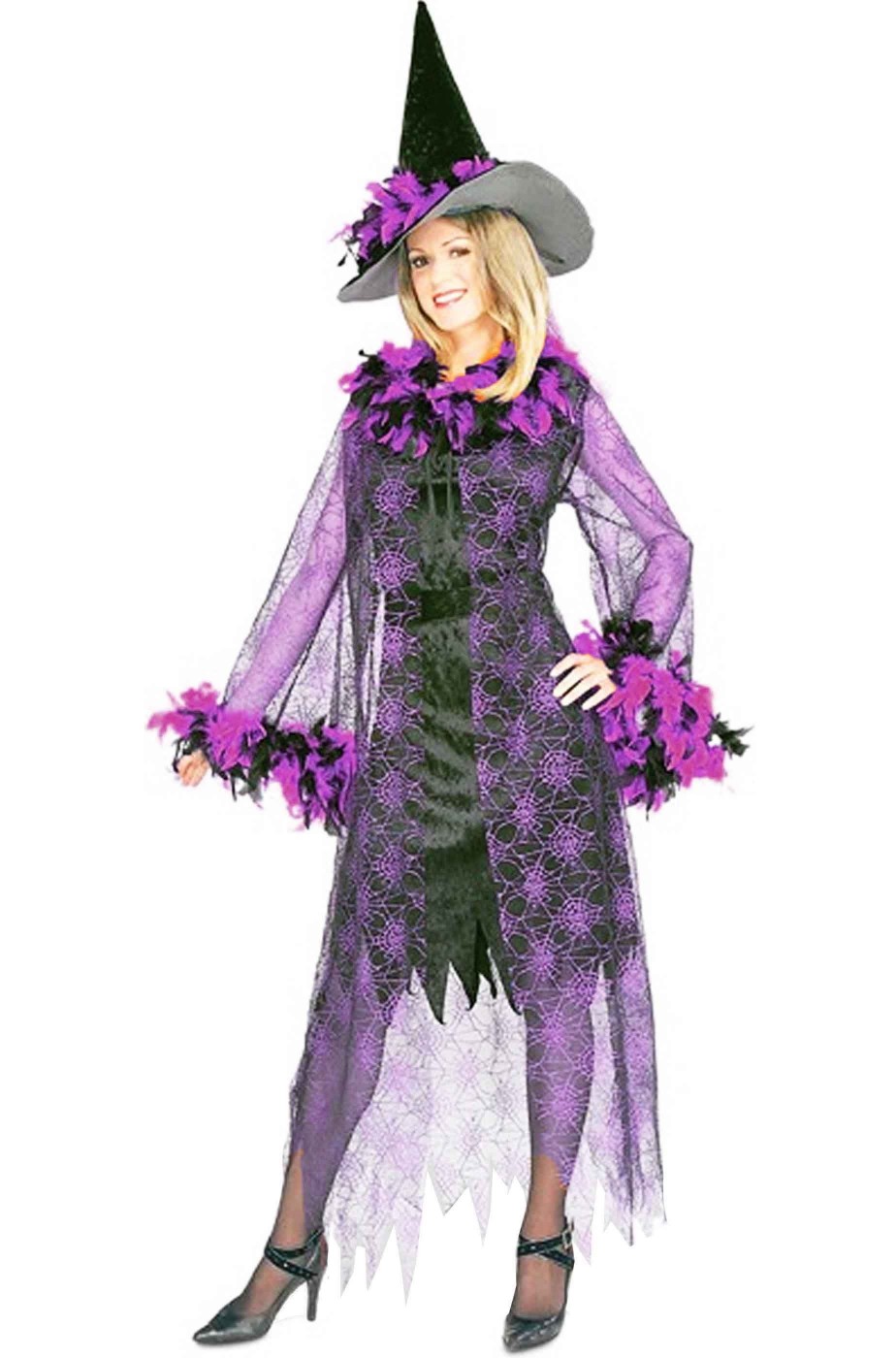 Costume donna strega con piume viola adulta 