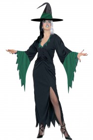 Costume Halloween da strega nero e verde lungo con spacco