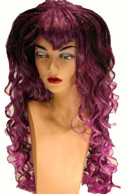 Parrucca donna viola con striature nere lunga mossa con frangia