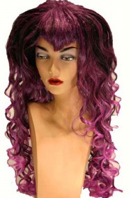 Parrucca donna viola con striature nere lunga mossa con frangia