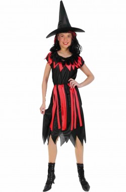 Costume Halloween da strega rossa e nera di primavera con cappello