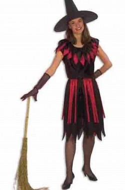 Vestito Halloween da strega rossa e nera di primavera con cappello