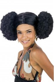 Parrucca di carnevale nera riccia afro anni 70 con puf