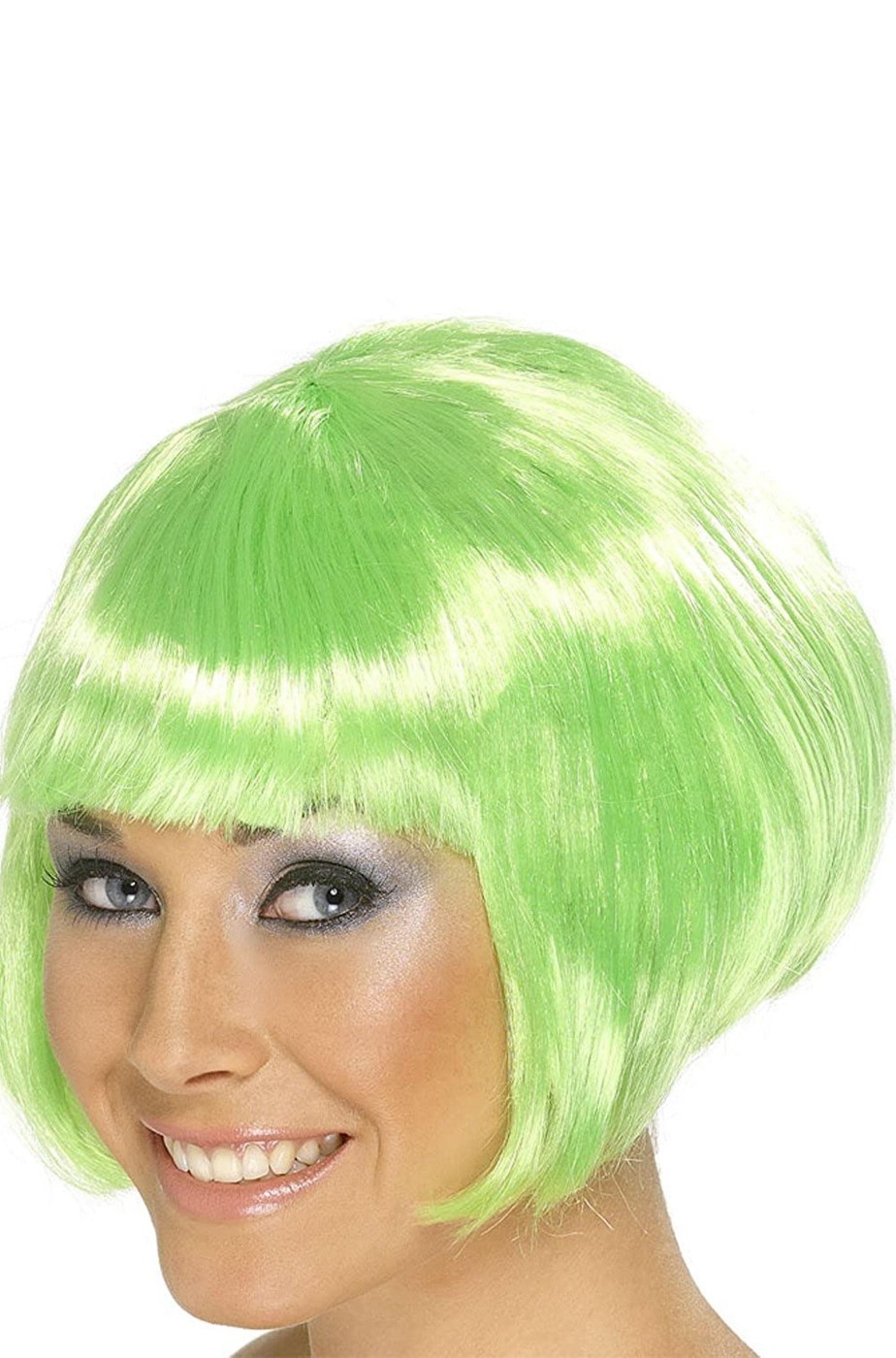 Parrucca verde fluo corta liscia a caschetto con frangia