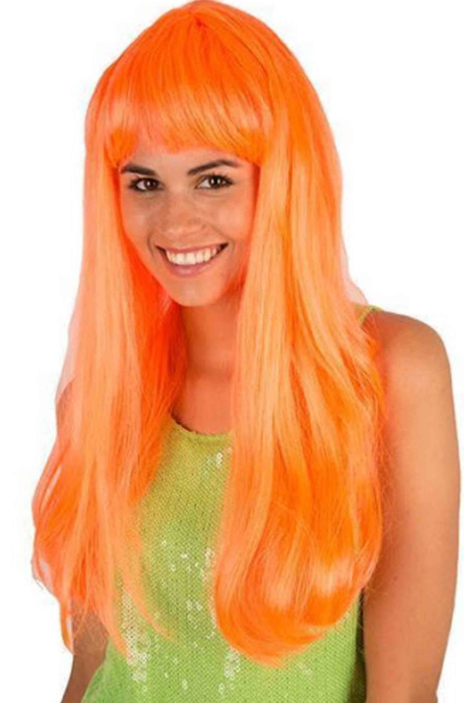 Parrucca arancione liscia lunga con frangia pony neon