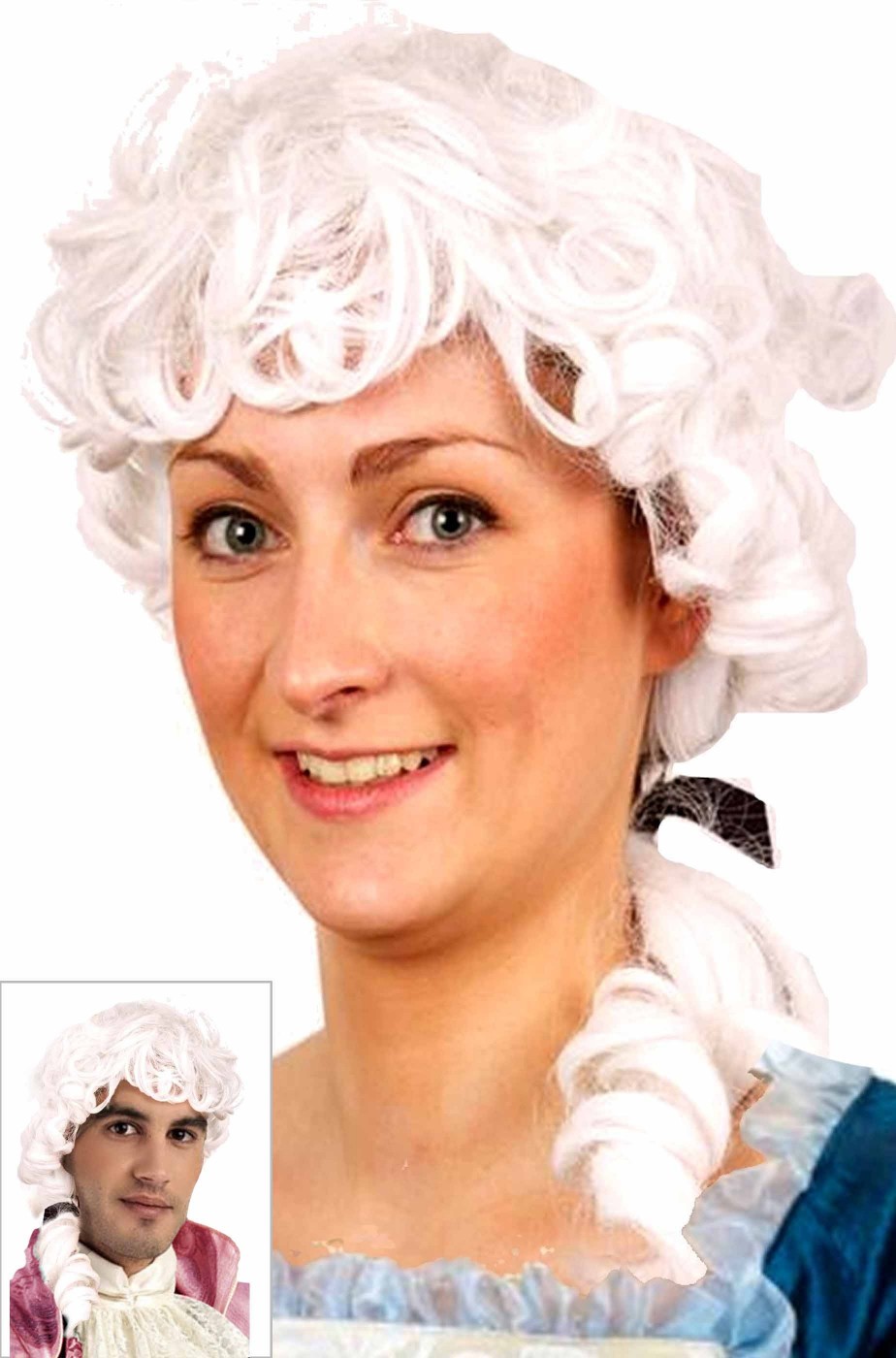 Parrucca bianca stile 700 veneziano Mozart con codino e boccoli