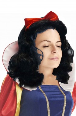 Parrucca donna nera mossa lunga con fiocco rosso biancaneve