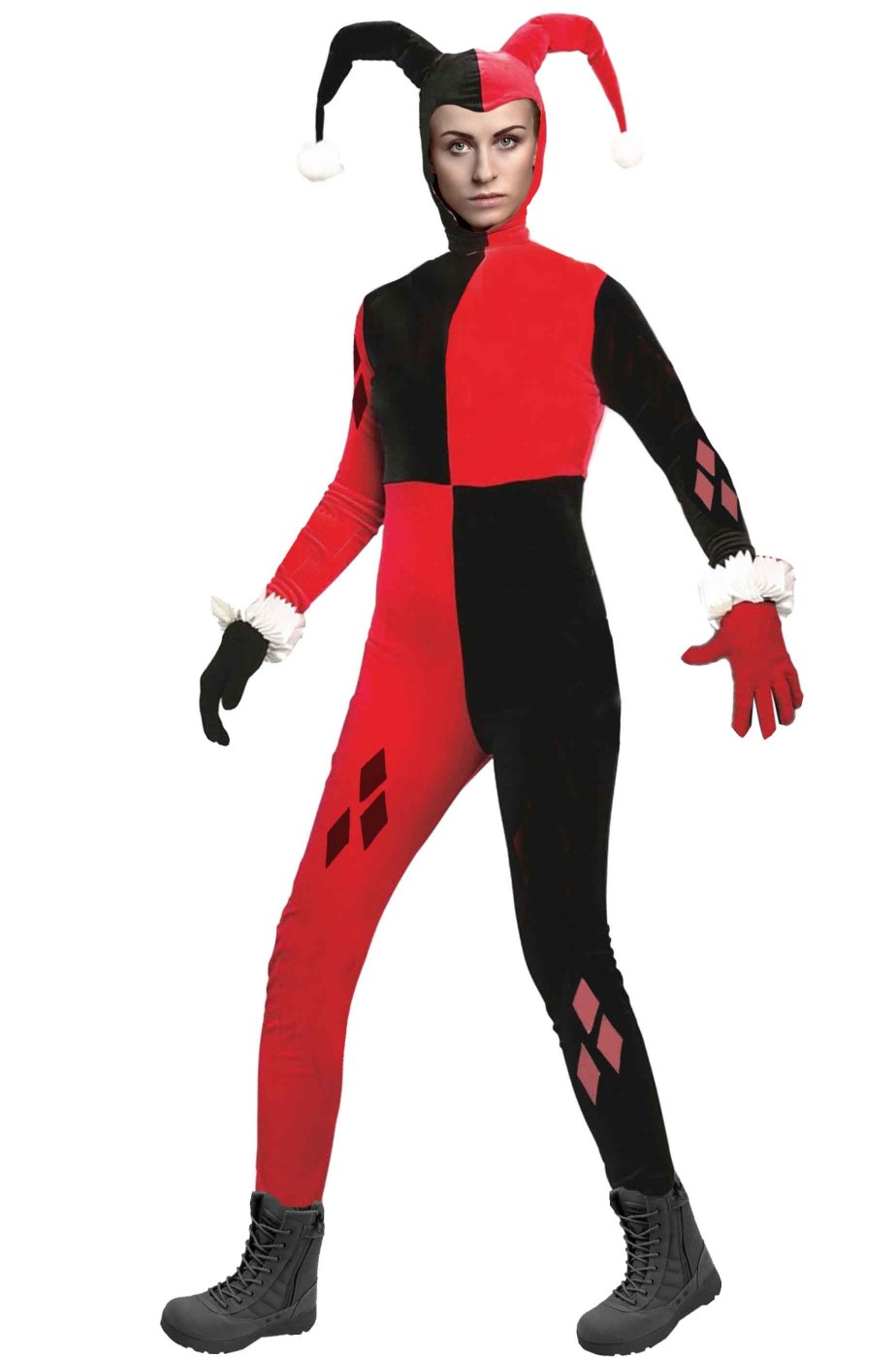 Costume di Harley Quinn Comics jester rosso e nero a scacchi
