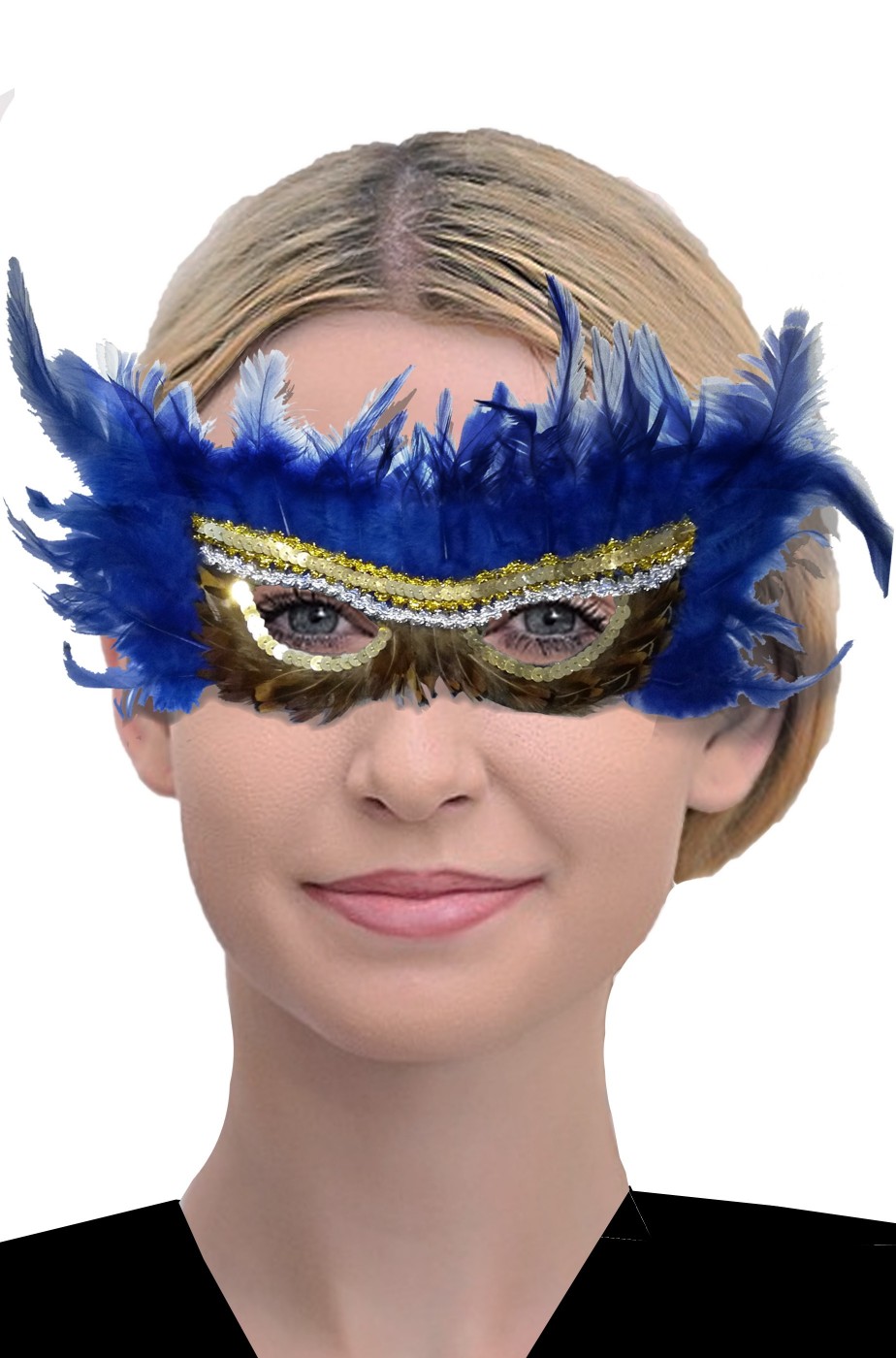 Maschera di carnevale veneziano blu con piume