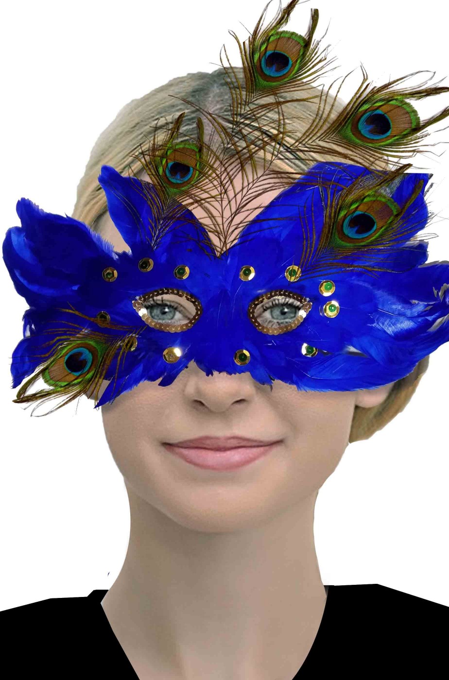 Maschera da pavone con piume blu stile barocco