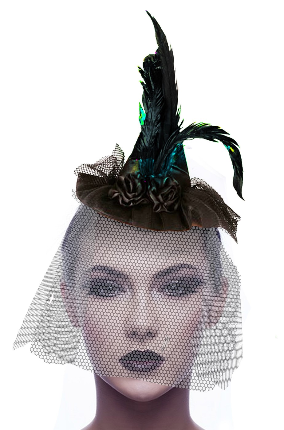 Cappellino strega con piume e veletta