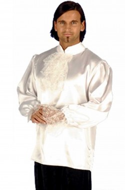 Camicia bianca di raso con rouche e pizzo stile 700 vampiro