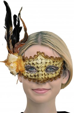 Maschera veneziana donna dorata con piume e fiocco
