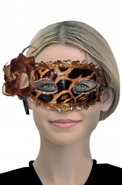 Maschera carnevale veneziano leopardata con fiocco e piume