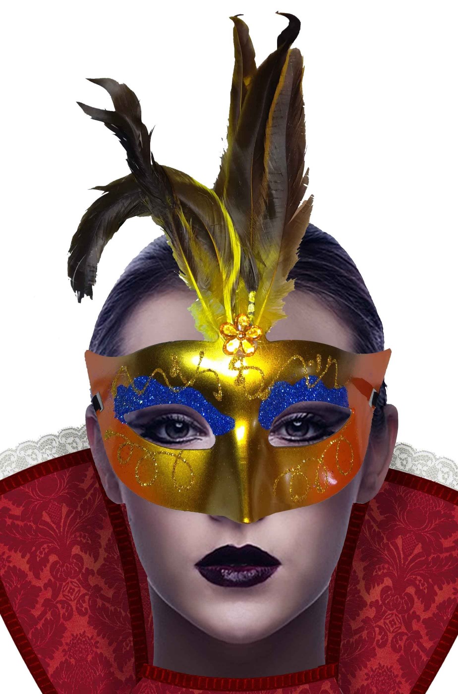Maschera carnevale veneziano economica di plastica oro e blu con piume
