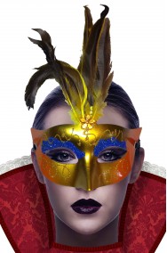 Maschera carnevale veneziano economica di plastica oro e blu con piume